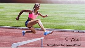  Presentation with sports field - PPT layouts featuring caucasian-female-athlete-jumping-over background and a coral colored foreground