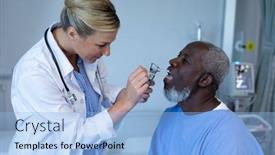  Presentation with african american patient - Presentation design consisting of caucasian-female-doctor-examining-throat background and a light blue colored foreground