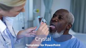  Presentation with african american patient - Colorful slide deck enhanced with caucasian-female-doctor-examining-throat backdrop and a teal colored foreground