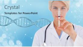  Presentation with medical dna - Cool new theme with caucasian-female-doctor-holding backdrop and a light blue colored foreground