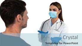  Presentation with lab coat - Theme with caucasian-female-doctor-wearing-face background and a light blue colored foreground