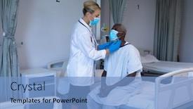  Presentation with african american patient - Presentation theme having caucasian-female-doctor-wearing-face background and a light blue colored foreground