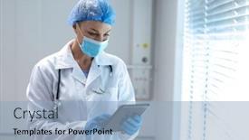  Presentation with latex gloves - Slides consisting of caucasian-female-doctor-wearing-mask background and a light blue colored foreground