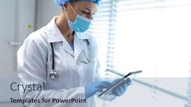  Presentation with latex gloves - PPT theme enhanced with caucasian-female-doctor-wearing-mask background and a light blue colored foreground