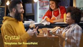  Presentation with food service - PPT theme with caucasian-female-employee-in-fast background and a tawny brown colored foreground