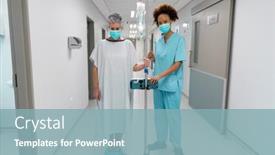  Presentation with covid coronavirus - Theme with caucasian-female-patient-wearing-face background and a light blue colored foreground