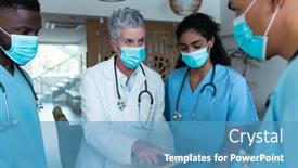  Presentation with face masks - Audience pleasing PPT layouts consisting of caucasian-female-senior-doctor backdrop and a teal colored foreground