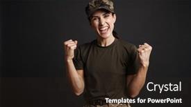  Presentation with achieve - Slides enhanced with caucasian-female-soldier-rejoicing background and a wine colored foreground