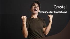  Presentation with achieve - Audience pleasing theme consisting of caucasian-female-soldier-rejoicing backdrop and a dark gray colored foreground