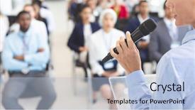  Presentation with diverse business people - PPT theme having microhone - mid section of caucasian female background and a soft green colored foreground