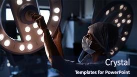  Presentation with light hospital - Beautiful slide set featuring caucasian female surgeon fixing surgical backdrop and a navy blue colored foreground