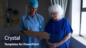  Presentation with female hospital patient - Presentation design featuring caucasian female surgeon showing medical background and a navy blue colored foreground