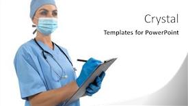  Presentation with surgical gloves - Colorful theme enhanced with caucasian-female-surgeon-wearing-face backdrop and a white colored foreground