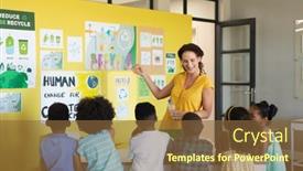  Presentation with elementary school african american female - PPT theme with caucasian-female-teacher-teaching-environmental background and a tawny brown colored foreground