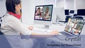  Presentation with lockdown - Audience pleasing theme consisting of caucasian-female-teacher-using-computer backdrop and a ocean colored foreground