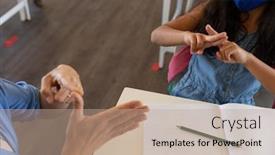  Presentation with classroom safety - PPT layouts with caucasian-female-teacher-wearing-face background and a coral colored foreground