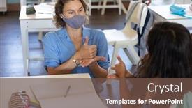  Presentation with back school education - Colorful slide deck enhanced with caucasian-female-teacher-wearing-face backdrop and a tawny brown colored foreground