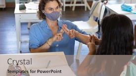  Presentation with back school education - PPT theme featuring caucasian-female-teacher-wearing-face background and a coral colored foreground