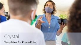  Presentation with classroom safety - Slide deck enhanced with caucasian-female-teacher-wearing-face background and a light blue colored foreground