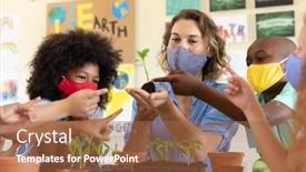  Presentation with classroom safety - Beautiful PPT theme featuring caucasian-female-teacher-wearing-face backdrop and a red colored foreground