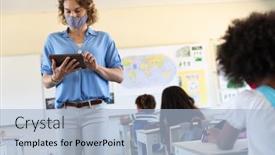  Presentation with classroom safety - Amazing PPT layouts having caucasian-female-teacher-wearing-face backdrop and a light blue colored foreground