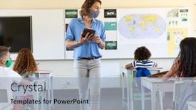  Presentation with classroom safety - Colorful slide deck enhanced with caucasian-female-teacher-wearing-face backdrop and a light blue colored foreground