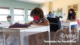  Presentation with classroom safety - Colorful slide deck enhanced with caucasian-female-teacher-wearing-face backdrop and a tawny brown colored foreground