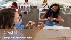  Presentation with back school education - Beautiful slide set featuring caucasian-female-teacher-wearing-face backdrop and a coral colored foreground