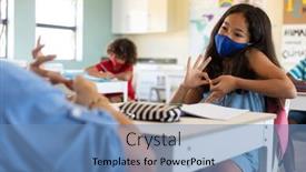  Presentation with classroom safety - Presentation design with caucasian-female-teacher-wearing-face background and a teal colored foreground