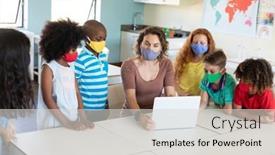  Presentation with classroom safety - PPT theme enhanced with caucasian-female-teacher-wearing-face background and a light gray colored foreground