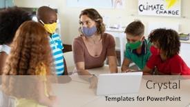  Presentation with classroom safety - Cool new PPT theme with caucasian-female-teacher-wearing-face backdrop and a mint green colored foreground