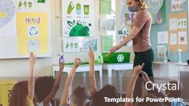  Presentation with classroom safety - Audience pleasing theme consisting of caucasian-female-teacher-wearing-face backdrop and a tawny brown colored foreground