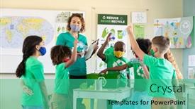  Presentation with back school education - Slides having caucasian-female-teacher-wearing-face background and a teal colored foreground