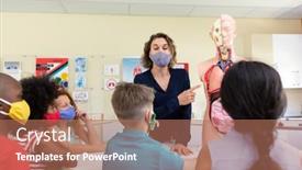  Presentation with classroom safety - Slides with caucasian-female-teacher-wearing-face background and a coral colored foreground