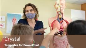  Presentation with classroom safety - Theme having caucasian-female-teacher-wearing-face background and a violet colored foreground