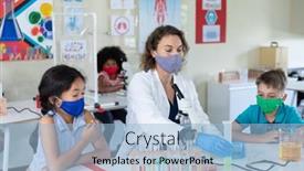  Presentation with classroom safety - Cool new PPT theme with caucasian-female-teacher-wearing-face backdrop and a light blue colored foreground