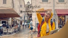  Presentation with rainy day - Presentation featuring caucasian-female-tourist-exploring background and a soft green colored foreground