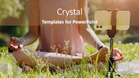  Presentation with blog - Cool new PPT theme with caucasian-female-vlogger-outdoors backdrop and a coral colored foreground