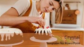  Presentation with pastry chef - Cool new PPT layouts with caucasian-focused-pastry-chef-woman backdrop and a red colored foreground