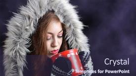 Presentation with hot tea - PPT theme featuring caucasian girl in winter jacket drinking hot tea from red cup on dark background with copy space background and a wine colored foreground