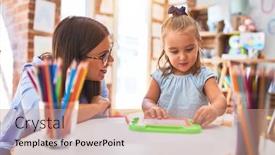  Presentation with learning - Beautiful PPT theme featuring caucasian-girl-kid-playing backdrop and a coral colored foreground