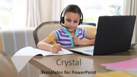  Presentation with distance learning - Theme having caucasian-girl-learning-and-using background and a  colored foreground