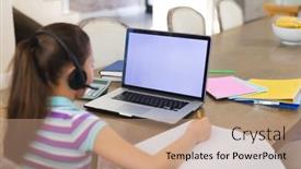  Presentation with distance learning - Presentation theme having caucasian-girl-learning-and-using background and a  colored foreground