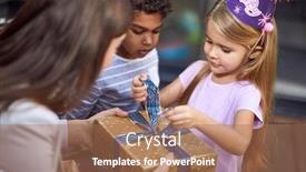  Presentation with birthday boy - Amazing slide deck having caucasian-girl-unwrapping-birthday-present backdrop and a coral colored foreground