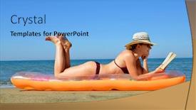  Presentation with mattress - Cool new presentation with caucasian girl with hat lying on inflatable mattress and reading a book on the beach summer vacation by the sea backdrop and a light blue colored foreground