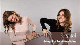  Presentation with gray - Colorful PPT theme enhanced with caucasian girls fighting for diplomat backdrop and a violet colored foreground