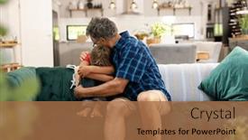  Presentation with living room family - Presentation theme featuring caucasian-grandfather-embracing-sad-grandson background and a coral colored foreground