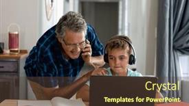  Presentation with technology learning - PPT theme featuring caucasian-grandfather-talking-over-phone background and a tawny brown colored foreground