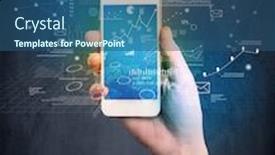  Presentation with smartphone - Slide deck with caucasian hand in business suit holding a smartphone background and a ocean colored foreground