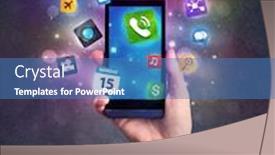  Presentation with smartphone - Presentation consisting of caucasian hand in business suit holding a smartphone with colorful media icons background and a teal colored foreground